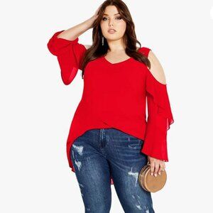 City Chic Hi Lo Cold Shoulder Top - Love Red size S/16